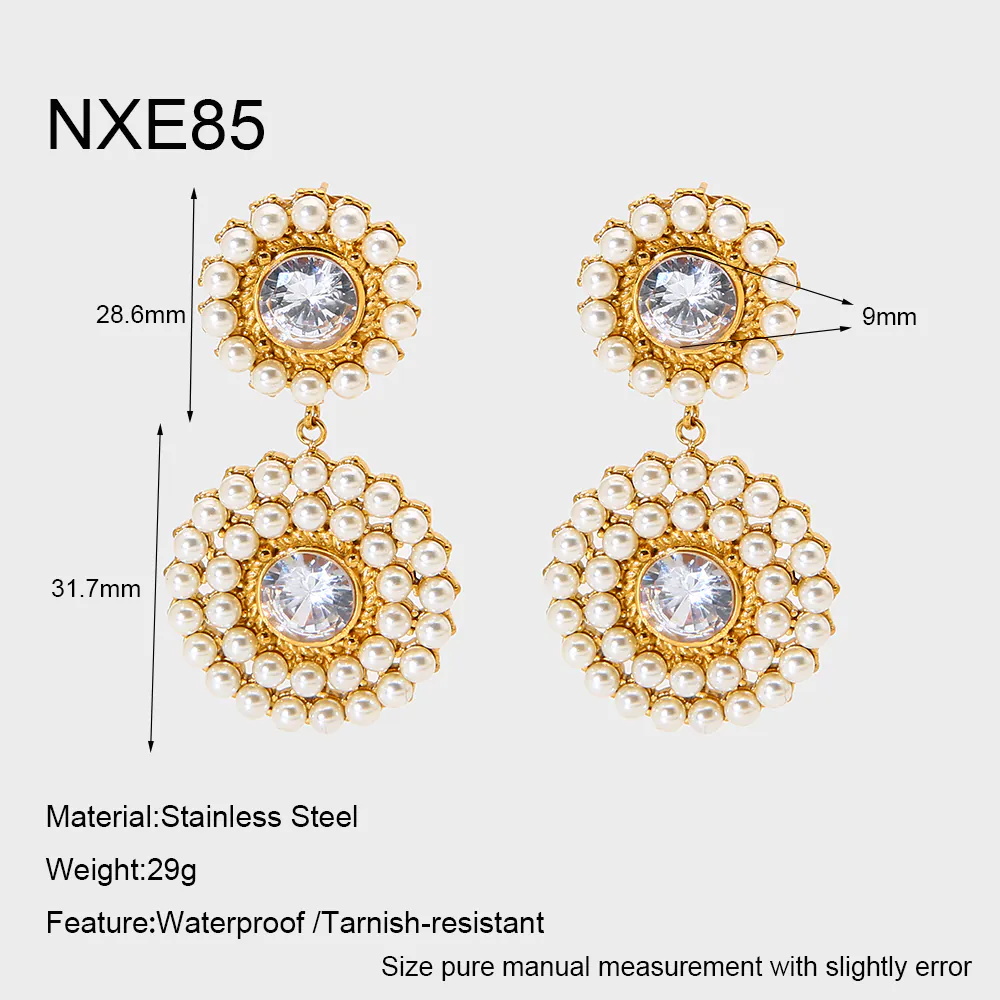 18K Gold‑Plated Waterproof Stainless Steel Earrings Round Cubic Zirconia Imitation Pearl Circle Dangle Earrings Niche Luxury Women Jewelry - Image 7