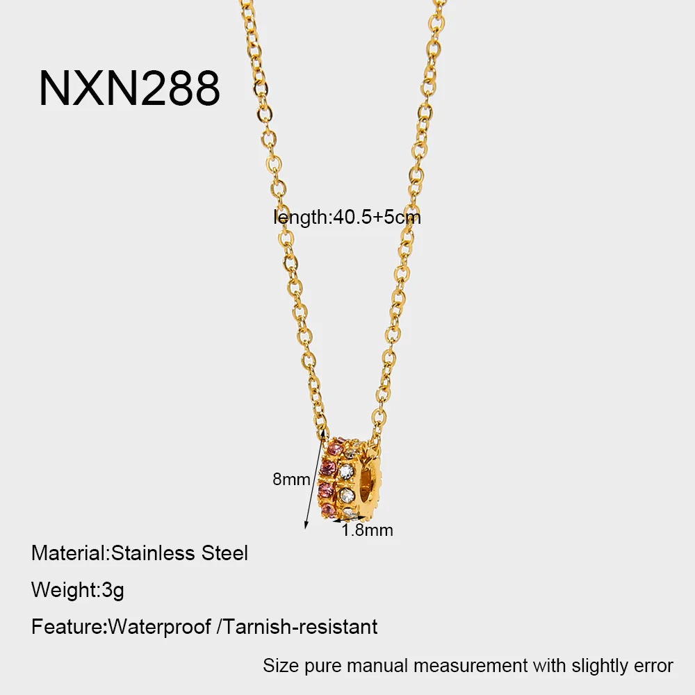 18K Gold Plated Stainless Steel Double Ring Pendant Necklace for Women, Ins Minimalist Luxury Niche Design Necklace Inlaid Pink & White Cubic Zirconia Dainty Neck Jewelry - Image 7