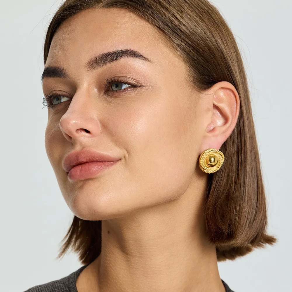 18K Gold Plated Waterproof Stainless Steel Geometric Irregular Spiral Stud Earrings, Ins Niche Luxury Textured Ear Jewelry For Women Daily Wear - Image 3