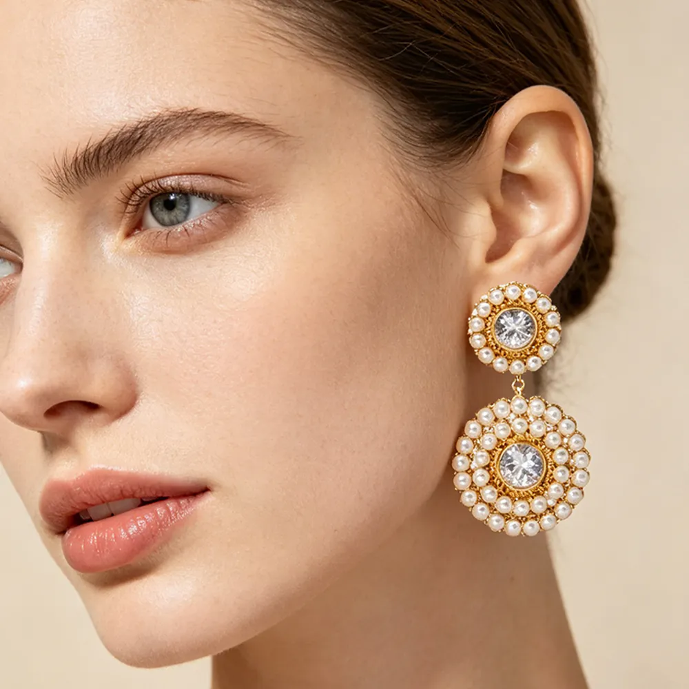 18K Gold‑Plated Waterproof Stainless Steel Earrings Round Cubic Zirconia Imitation Pearl Circle Dangle Earrings Niche Luxury Women Jewelry - Image 3