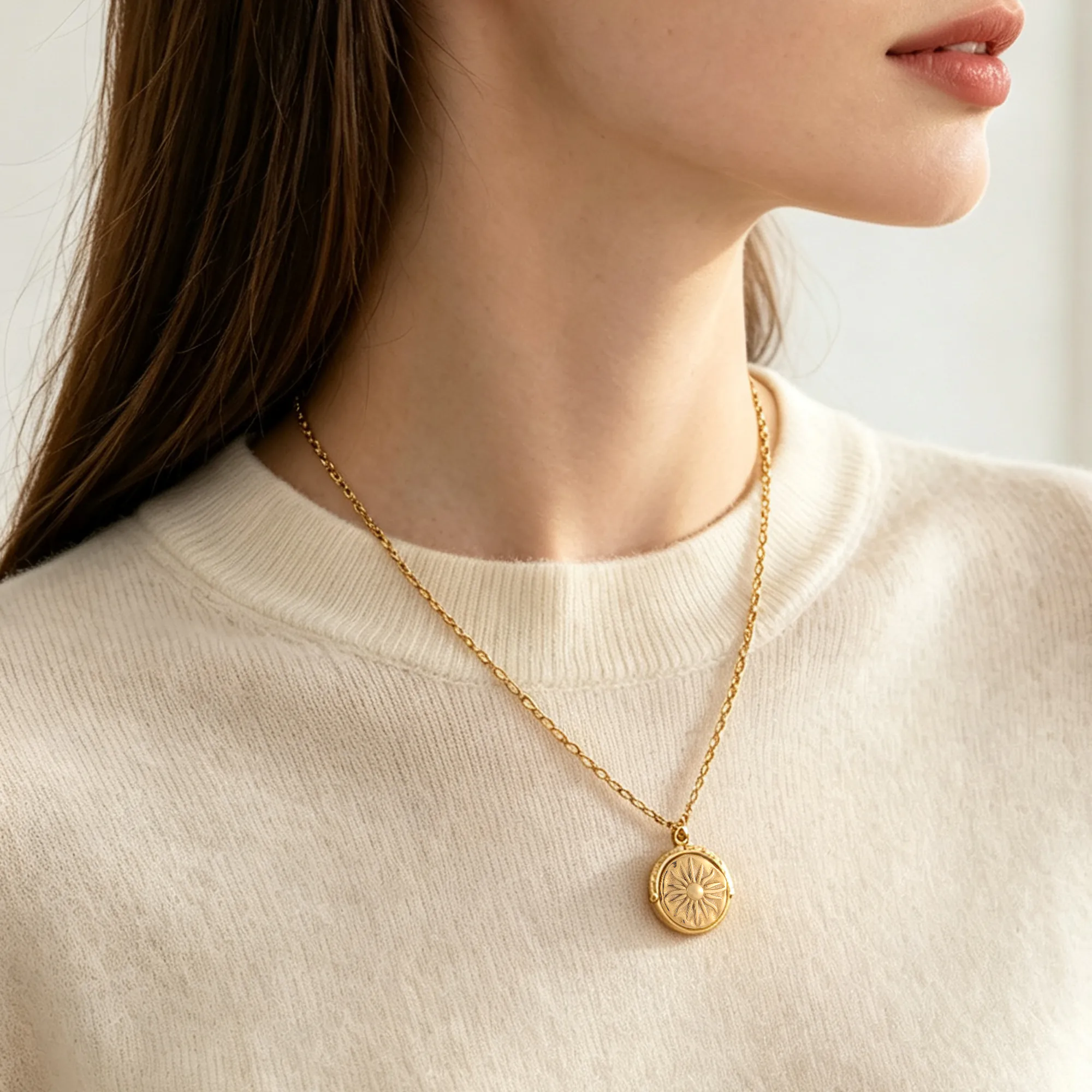 Ins Vintage Luxury 18K Gold Plated Waterproof Stainless Steel Necklace, Rotatable Double Sided Moon Star Pendant Necklace For Women Neck Jewelry - Image 3