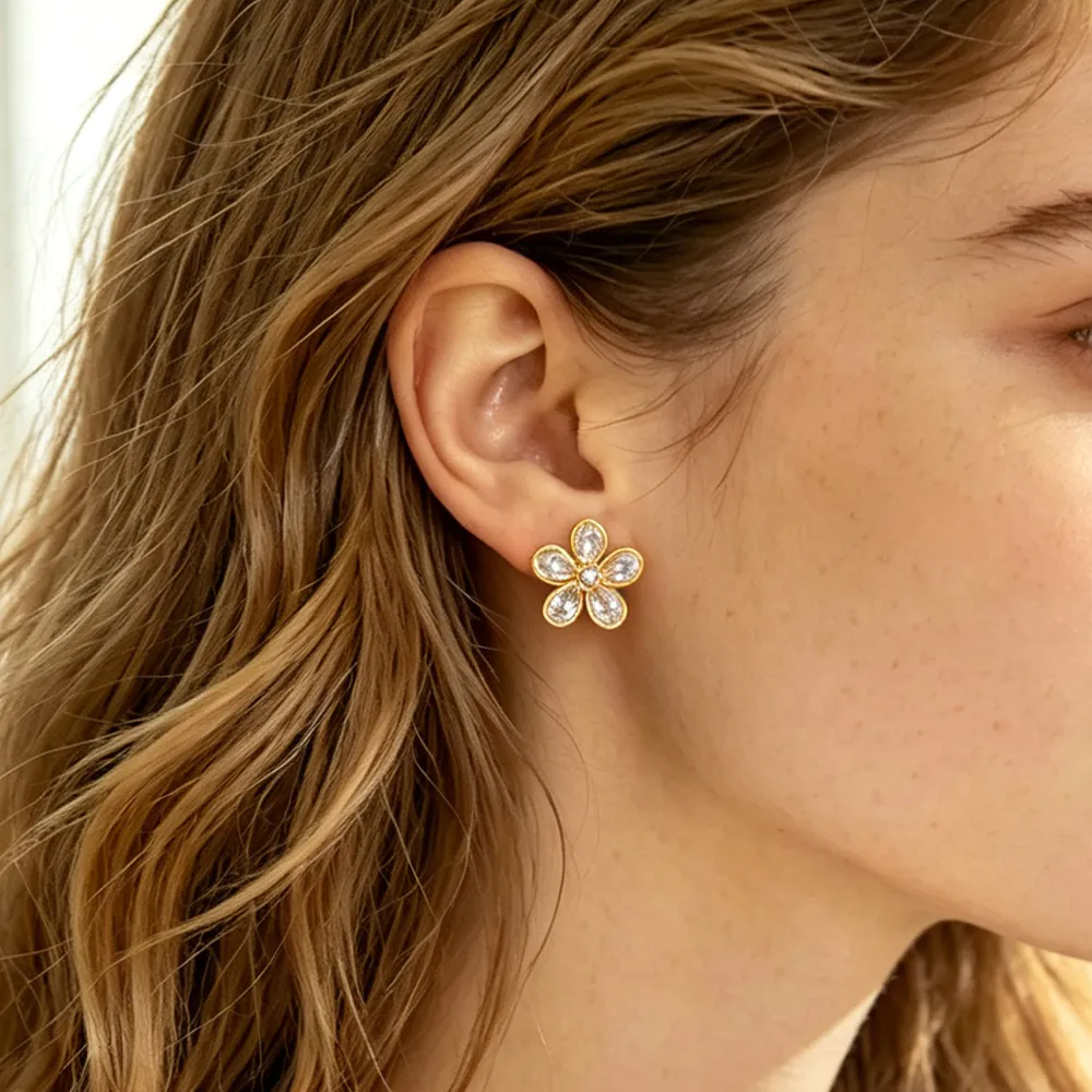 Ins Style 18K Gold Plated Stainless Steel Flower Stud Earrings, Inlaid Cubic Zirconia Fadeproof Luxury Designer Ear Jewelry For Women Daily Wear - Image 3