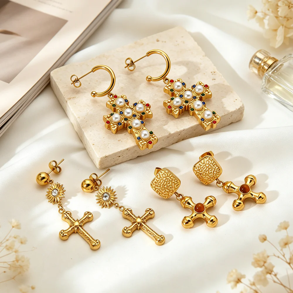 18K Gold Plated Waterproof Stainless Steel Cross Pendant Stud Earrings For Women Minimalist Luxury Niche Drop Ear Jewelry - Image 6
