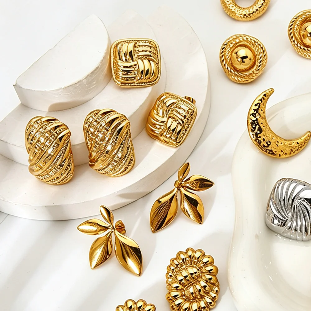 18K Gold Plated Waterproof Stainless Steel Geometric Irregular Spiral Stud Earrings, Ins Niche Luxury Textured Ear Jewelry For Women Daily Wear - Image 2