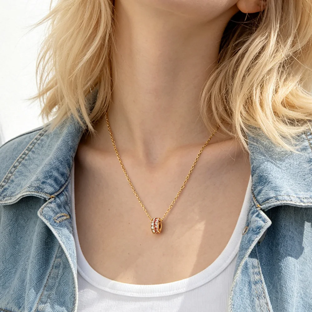 18K Gold Plated Stainless Steel Double Ring Pendant Necklace for Women, Ins Minimalist Luxury Niche Design Necklace Inlaid Pink & White Cubic Zirconia Dainty Neck Jewelry - Image 2