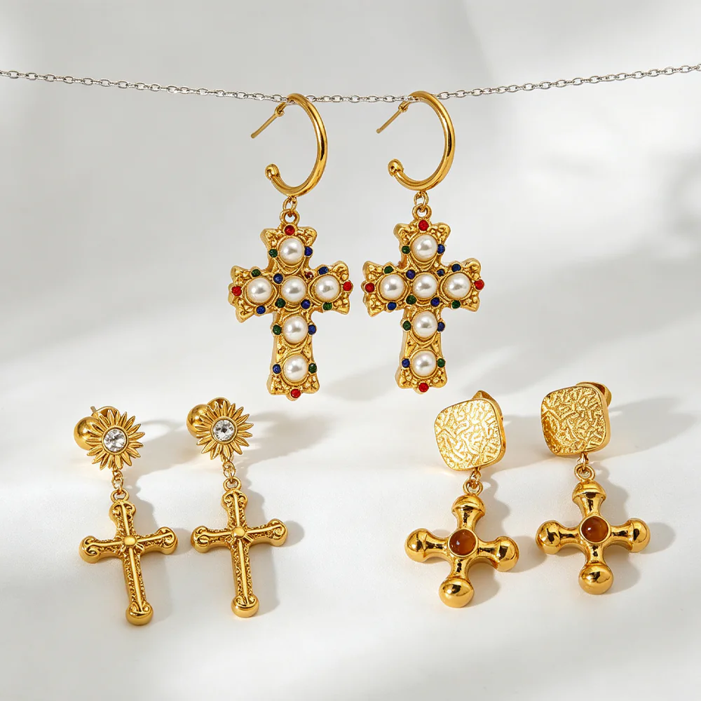 18K Gold Plated Waterproof Stainless Steel Cross Pendant Stud Earrings For Women Minimalist Luxury Niche Drop Ear Jewelry - Image 5