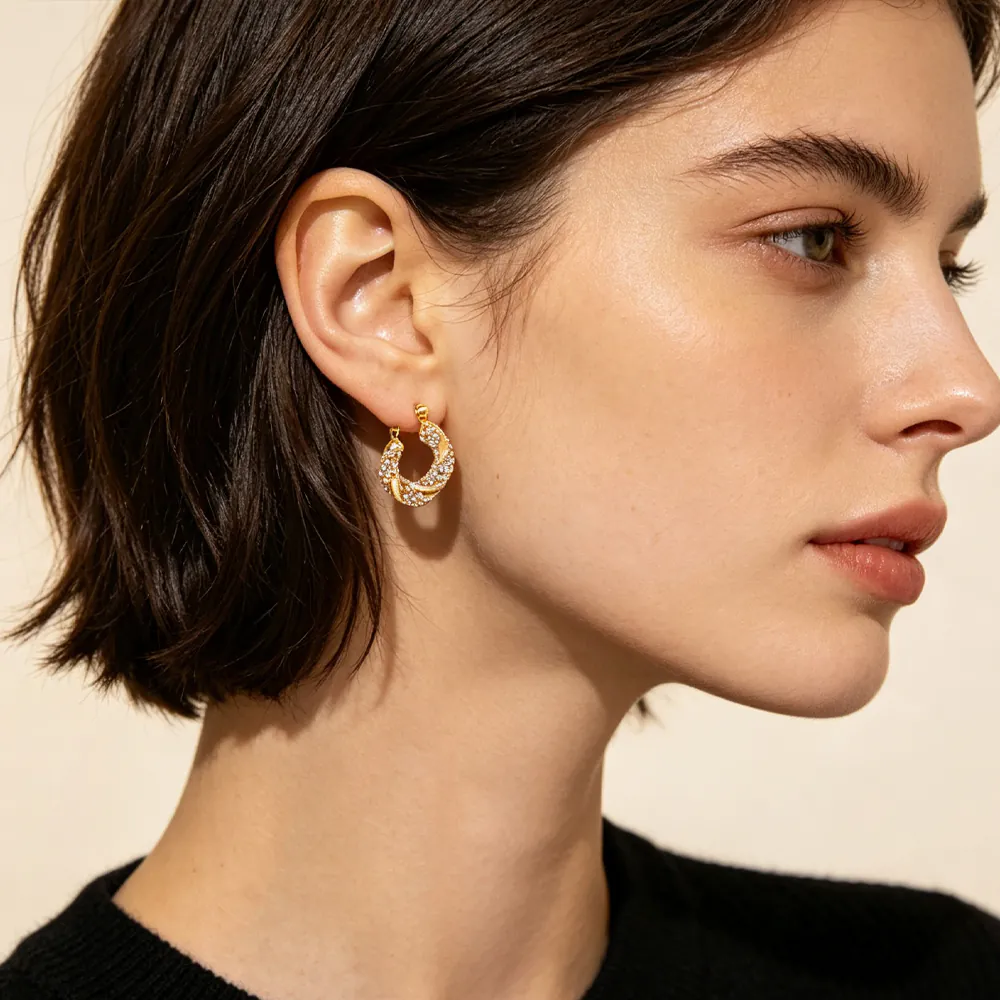 18K Gold-Plated Waterproof Stainless Steel Twisted Hoop Huggie Earrings INS Rhinestone & Imitation Pearl Braided Ear Buckles For Women Luxury Elegant Jewelry - Image 3