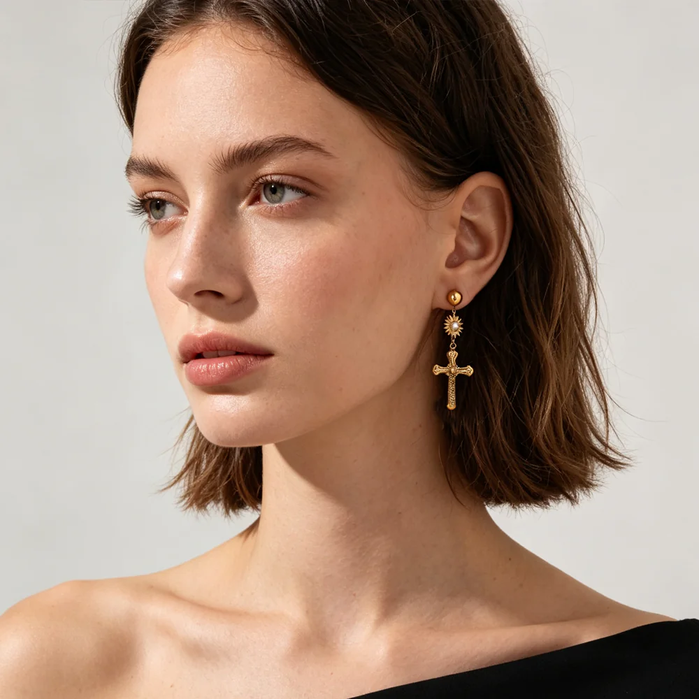 18K Gold Plated Waterproof Stainless Steel Cross Pendant Stud Earrings For Women Minimalist Luxury Niche Drop Ear Jewelry - Image 2