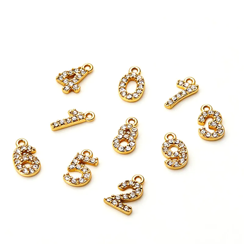 18K Gold-Plated Waterproof Stainless Steel Number Charms Rhinestone Zircon Lucky Number Pendants DIY Jewelry Making Supplies