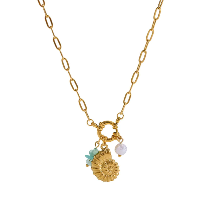 18K Gold Plated Stainless Steel Conch Natural Stone Pendant Necklace Waterproof Vacation Style