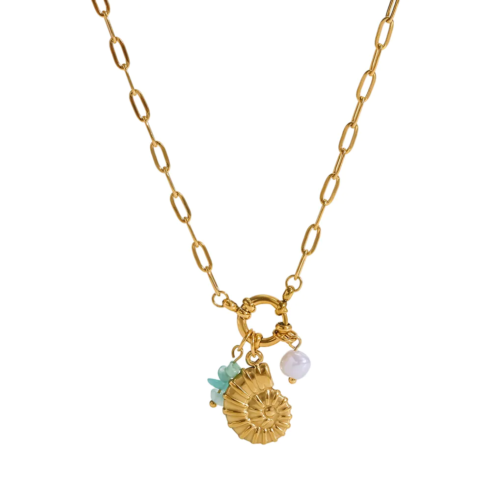 18K Gold Plated Stainless Steel Conch Natural Stone Pendant Necklace Waterproof Vacation Style