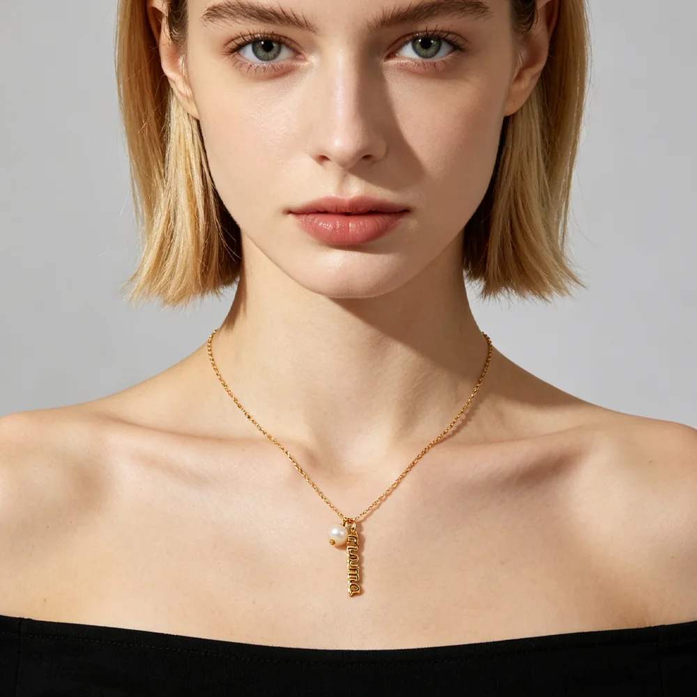 18K Gold Plated Stainless Steel Mama Letter Pendant Necklace For Women Dainty Faux Pearl Charm Minimalist Niche Design Jewelry Gift For Mom - Image 3
