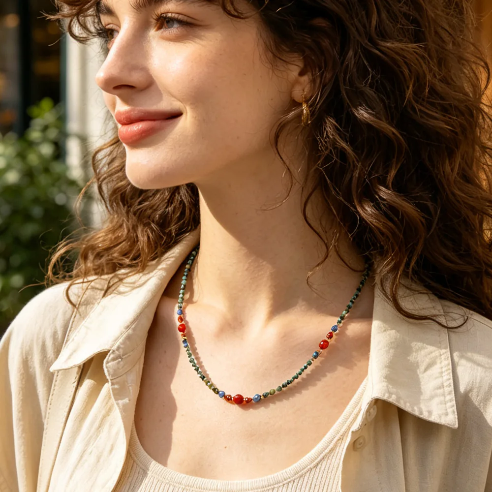 18K Gold Plated Stainless Steel Natural Stone Beaded Collarbone Necklace for Women Vintage High-End Dainty Bead Choker, Minimalist Luxury Niche Daily Jewelry Accessory - Image 3