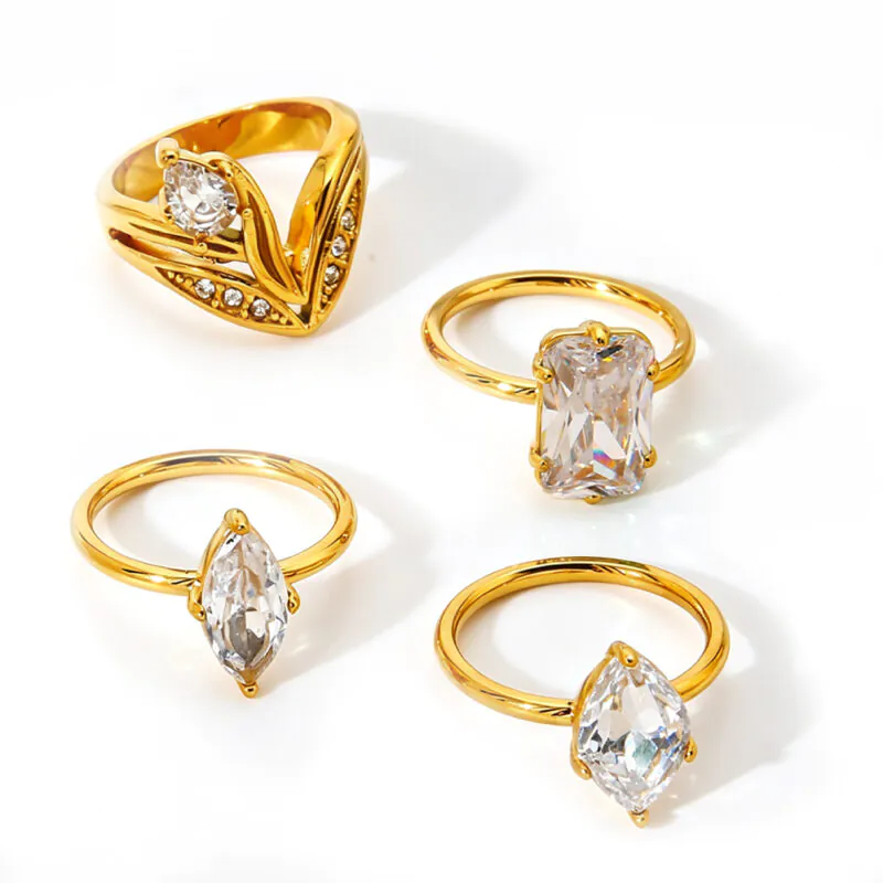 18K Gold-Plated Stainless Steel Geometric Teardrop Zircon Rings Niche Luxury Cubic Zirconia Stackable Rings For Women