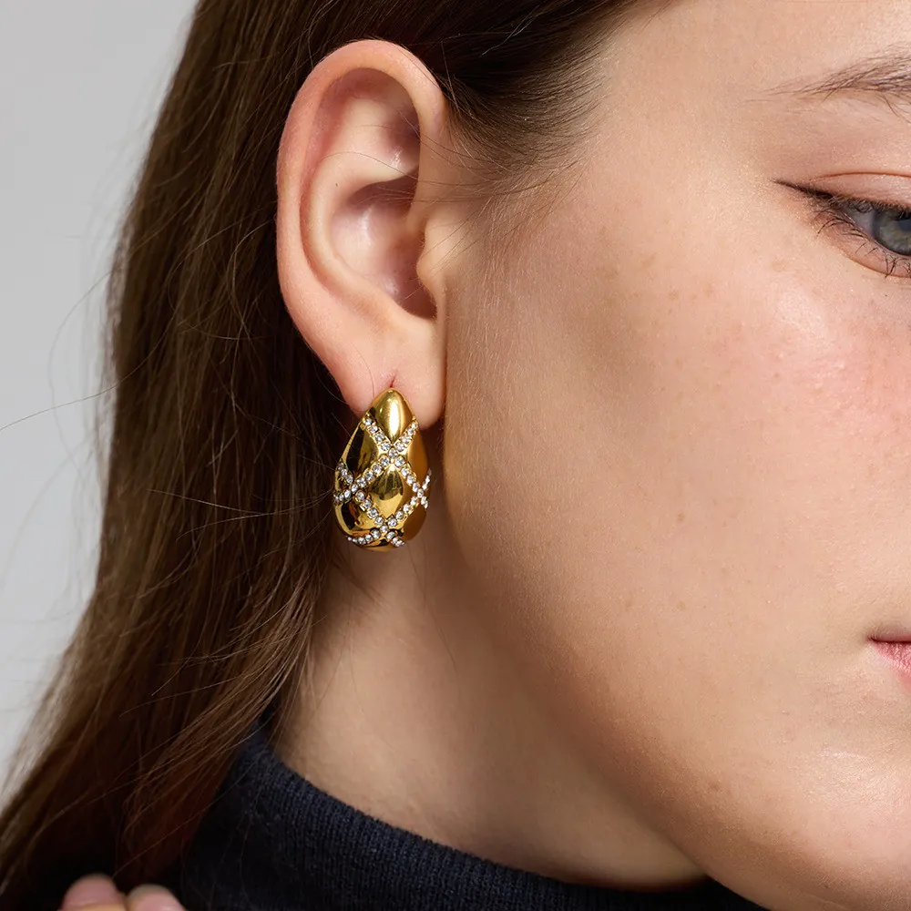 18K Gold Plated Waterproof Stainless Steel Teardrop Stud Earrings Luxury Inlaid Cubic Zirconia Bow Ear Jewelry, High-End Fashion Accessories For Women - Image 3