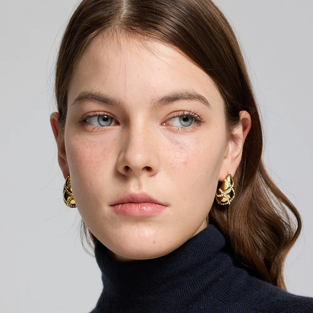 18K Gold Plated Waterproof Stainless Steel Teardrop Stud Earrings Luxury Inlaid Cubic Zirconia Bow Ear Jewelry, High-End Fashion Accessories For Women - Image 6