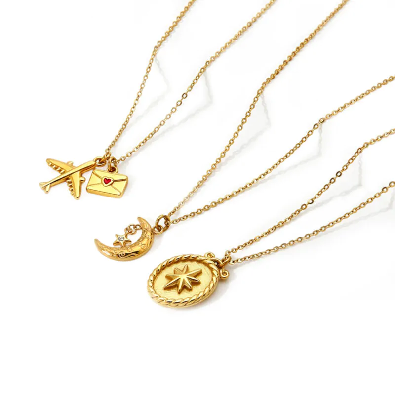 18K Gold-Plated Waterproof Stainless Steel Necklace, Moon Star Airplane Love Envelope Pendant Necklace INS Dainty Women Fashion Jewelry