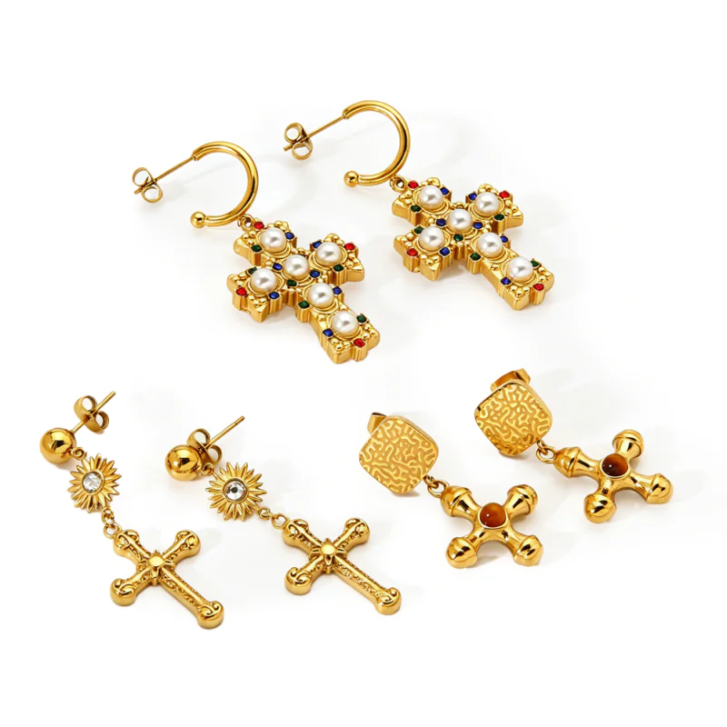 18K Gold Plated Waterproof Stainless Steel Cross Pendant Stud Earrings For Women Minimalist Luxury Niche Drop Ear Jewelry