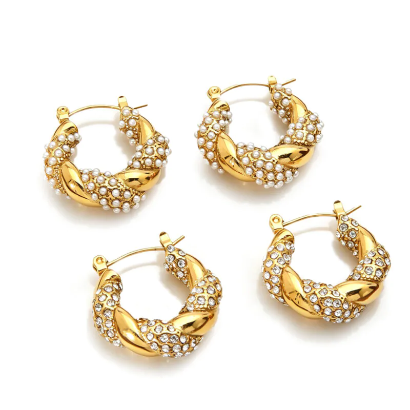 18K Gold-Plated Waterproof Stainless Steel Twisted Hoop Huggie Earrings INS Rhinestone & Imitation Pearl Braided Ear Buckles For Women Luxury Elegant Jewelry