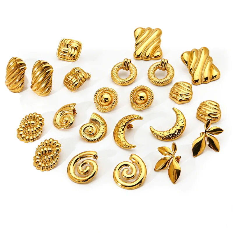 18K Gold Plated Waterproof Stainless Steel Geometric Irregular Spiral Stud Earrings, Ins Niche Luxury Textured Ear Jewelry For Women Daily Wear