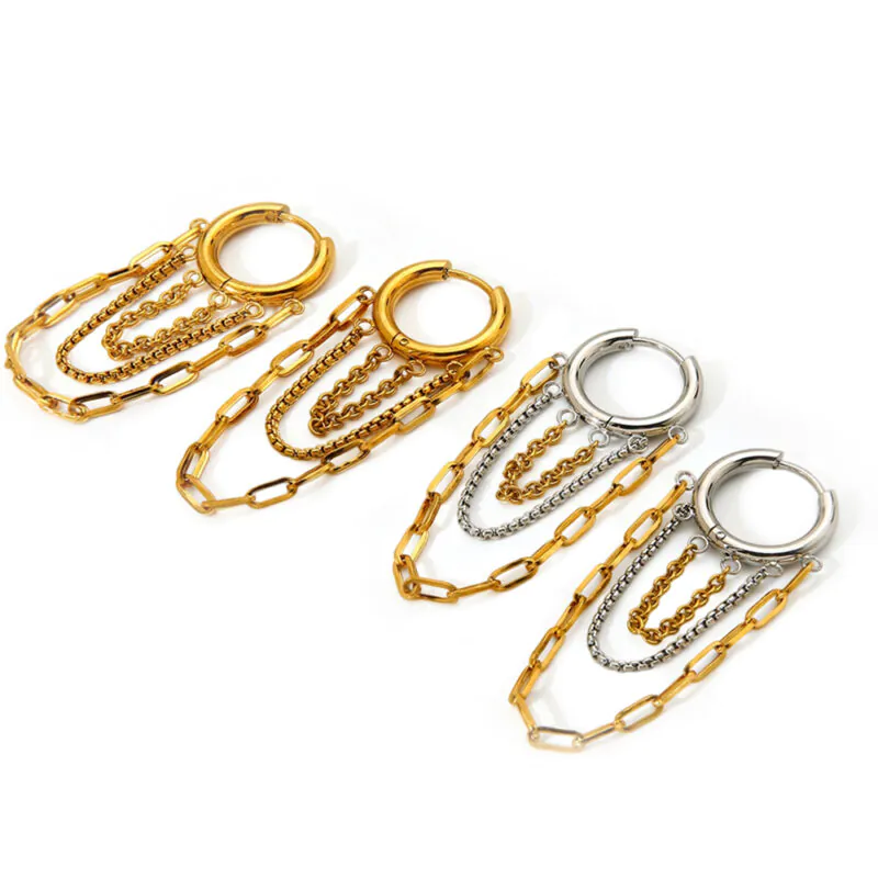 18K Gold-Plated Waterproof Stainless Steel Chain Tassel Dangle Hoop Earrings Multi-Layer Chain Drop Huggie Earrings Niche Luxury Jewelry For Women