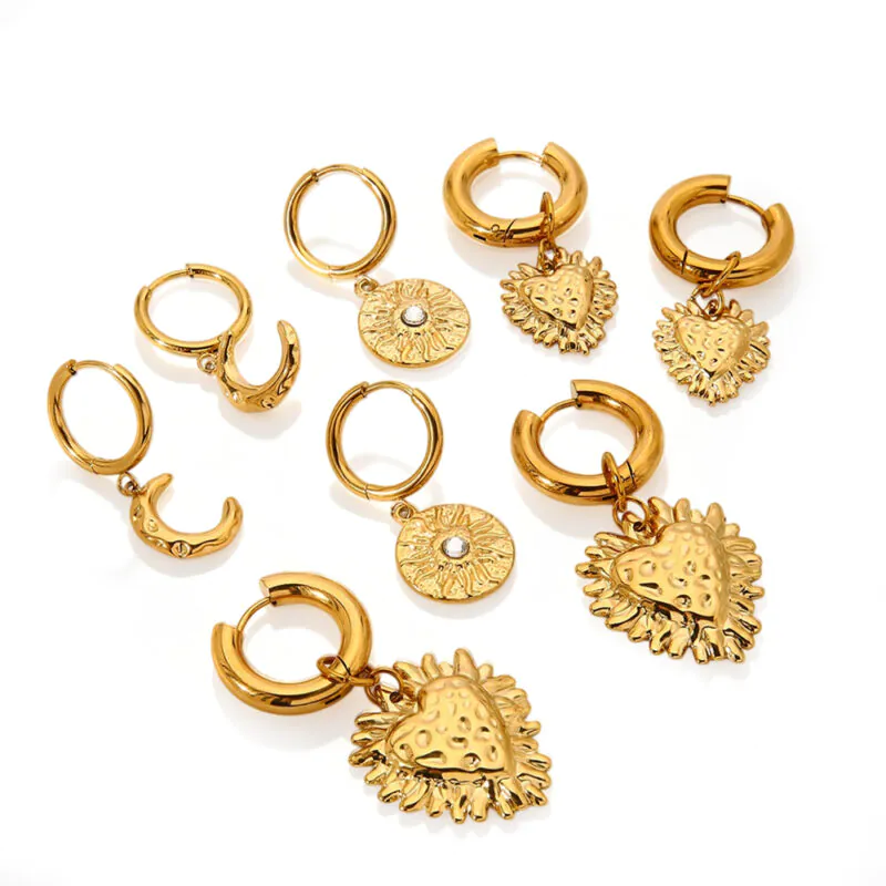 18K Gold-Plated Waterproof Stainless Steel Heart Moon Sun Pendants Vintage Minimalist Stud Earrings For Women