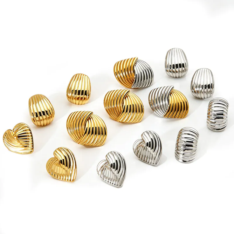 Ins Luxury Striped Heart Geometric Stainless Steel Stud Earrings, 18K Gold Plated Waterproof Niche Fashion Ear Jewelry For Women Daily Wear