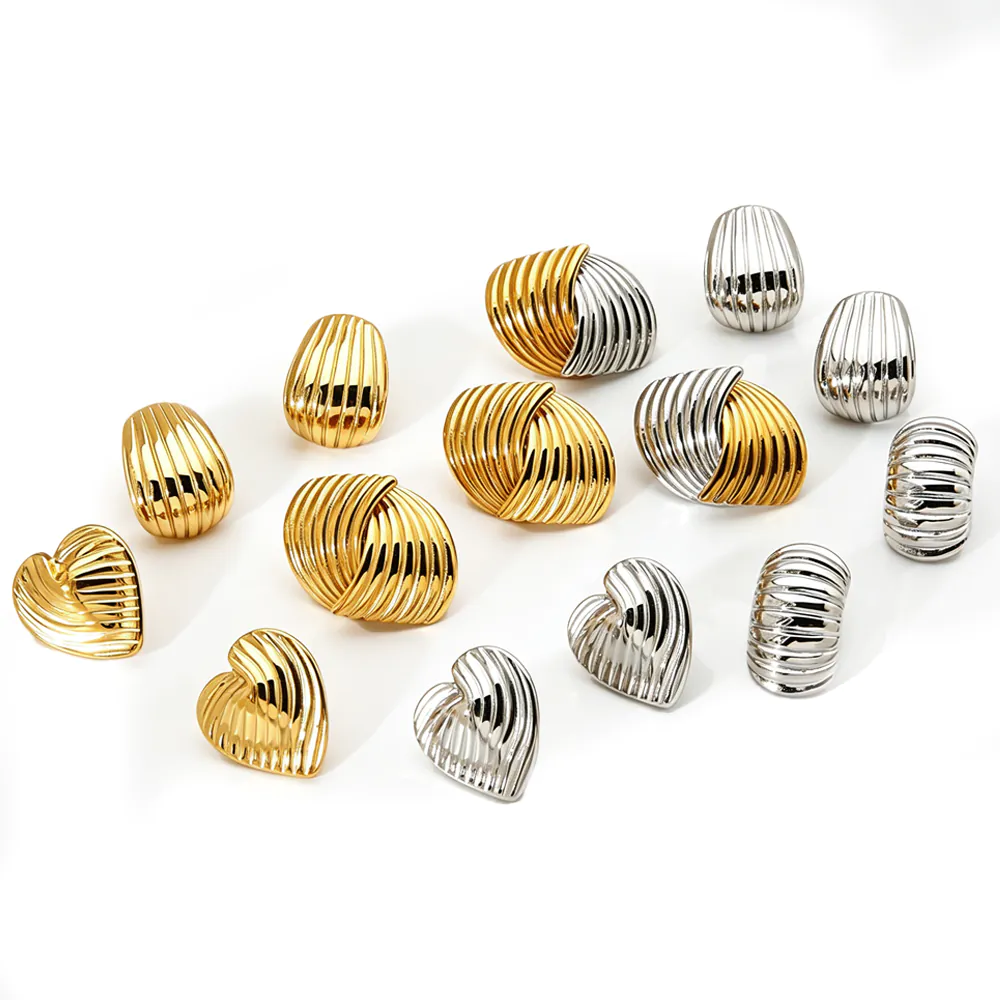 Ins Luxury Striped Heart Geometric Stainless Steel Stud Earrings, 18K Gold Plated Waterproof Niche Fashion Ear Jewelry For Women Daily Wear