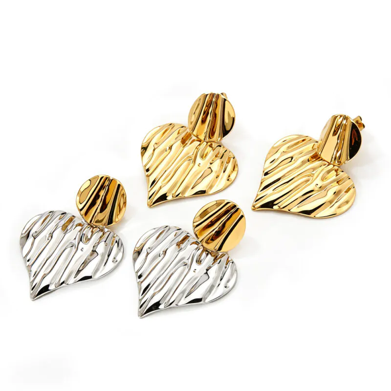 18k gold plated waterproof stainless steel striped ruched heart color block stud earrings, ins niche luxury daily ear jewelry for women