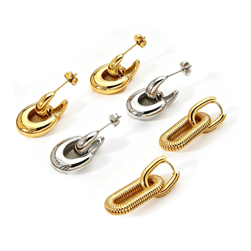18K Gold Plated Waterproof Stainless Steel Earrings, Ins Light Luxury Smooth Geometric Studs & Ribbed Rectangular Hoop Earrings For Women Daily Wear