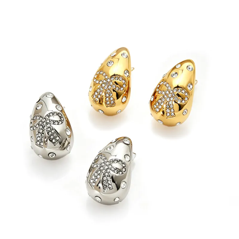18K Gold Plated Waterproof Stainless Steel Teardrop Stud Earrings Luxury Inlaid Cubic Zirconia Bow Ear Jewelry, High-End Fashion Accessories For Women