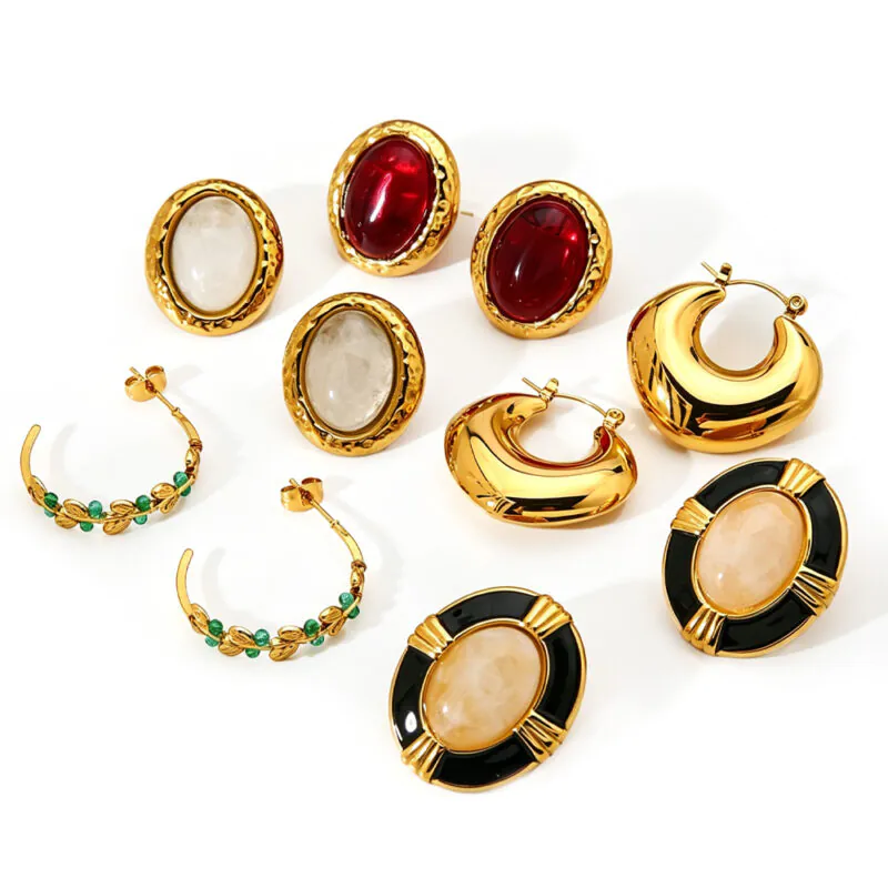 18K Gold Plated Waterproof Stainless Steel Oval Geometric Stud Earrings, High-End Fashion Ear Jewelry For Women Daily Wear