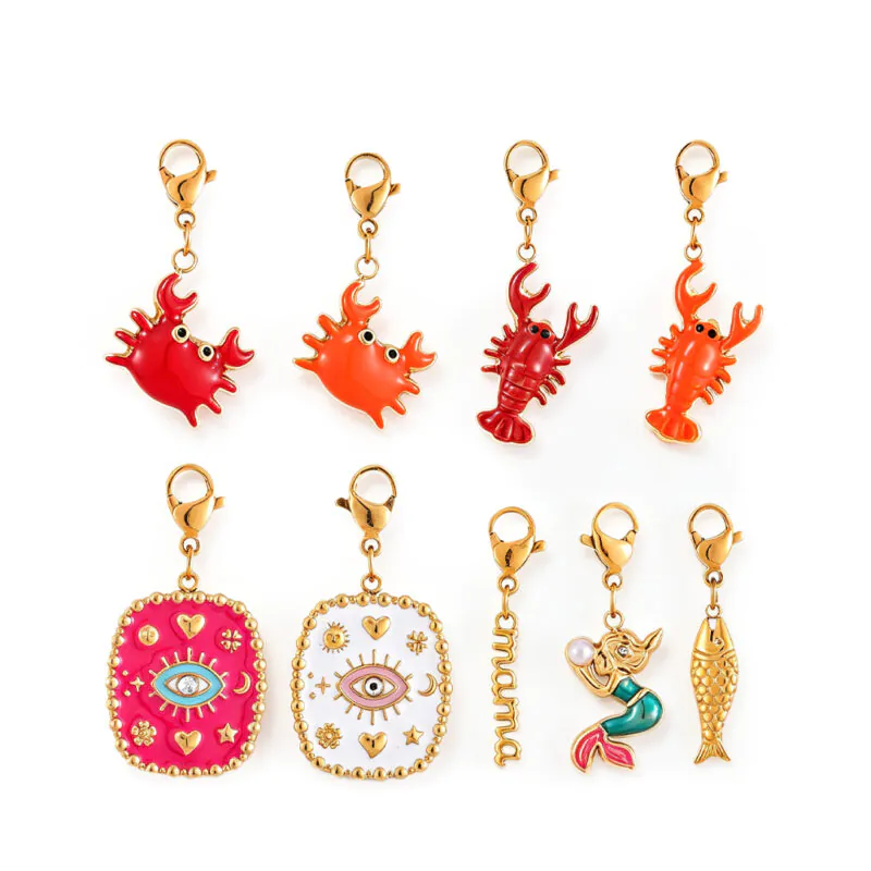 18K Gold Plated Waterproof Stainless Steel Enamel Charms, Crab Lobster Mermaid Pendant Charms, DIY Jewelry Making Accessories With Lobster Clasp For Bracelet Necklace