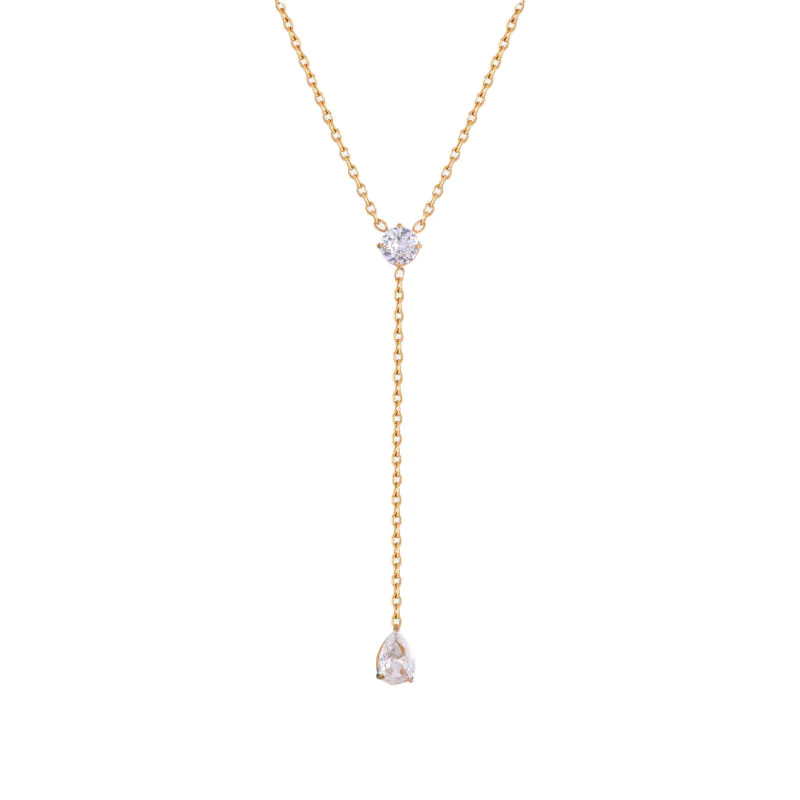 18k gold plated stainless steel Y‑shaped necklace, round teardrop cubic zirconia pendant minimalist luxury women neck jewelry
