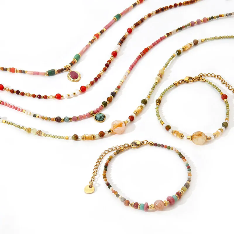 Natural Stone Stainless Steel Beaded Necklace Bracelet Vintage Luxury Elegant Jewelry For Women