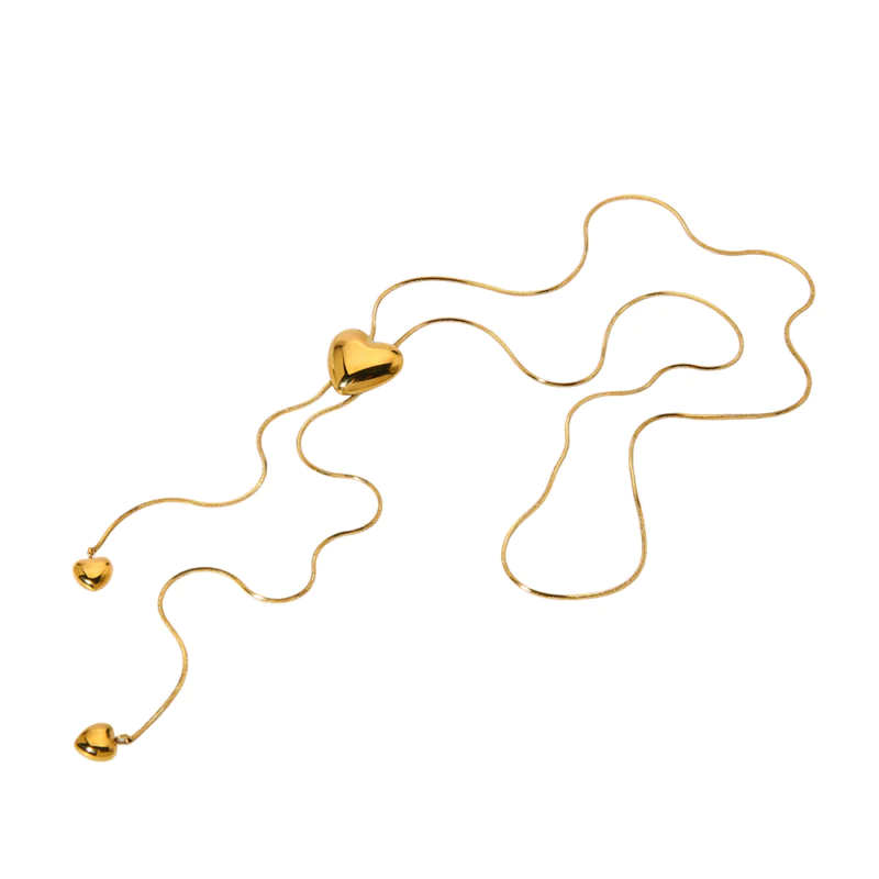 18k gold‑plated stainless steel heart lariat necklace, adjustable pull tassel snake chain necklace ins unique design jewelry for women