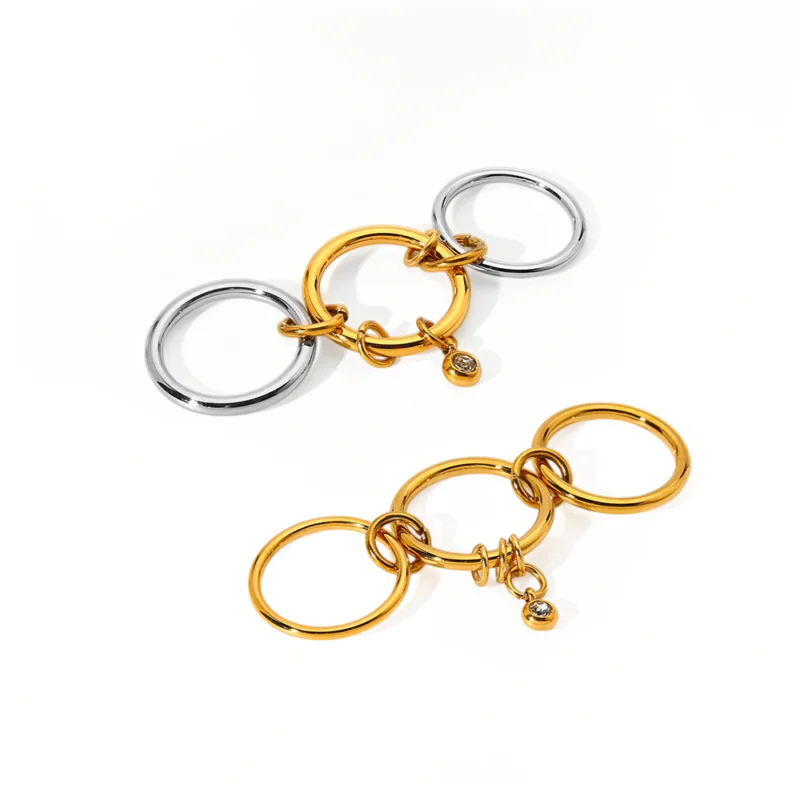 18k gold‑plated waterproof stainless steel round cubic zirconia ring, two‑tone triple layer band ring ins trendy unique finger jewelry for women