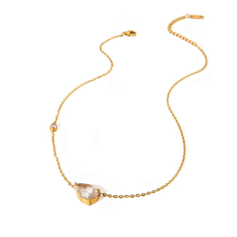18K Gold-Plated Waterproof Stainless Steel Teardrop Zircon Pendant Necklace INS Minimal Luxury Elegant Necklace For Women