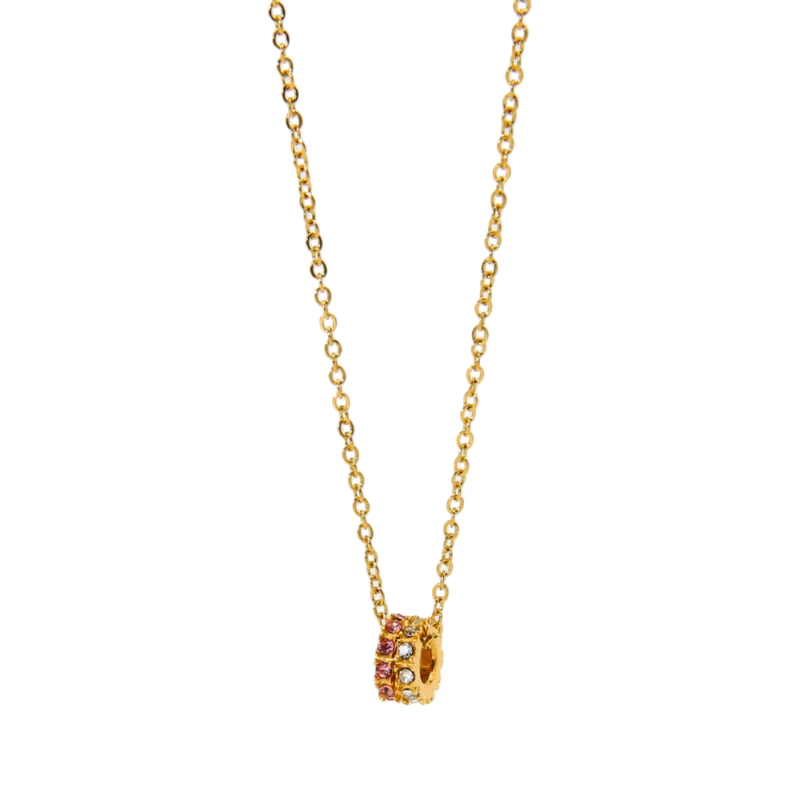 18K Gold Plated Stainless Steel Double Ring Pendant Necklace for Women, Ins Minimalist Luxury Niche Design Necklace Inlaid Pink & White Cubic Zirconia Dainty Neck Jewelry