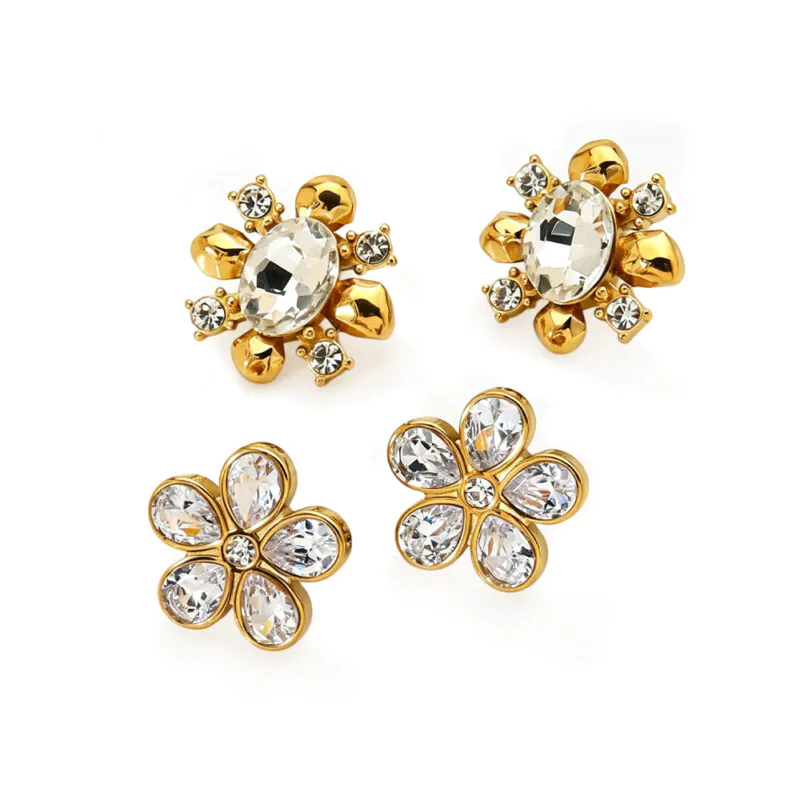 Ins Style 18K Gold Plated Stainless Steel Flower Stud Earrings, Inlaid Cubic Zirconia Fadeproof Luxury Designer Ear Jewelry For Women Daily Wear