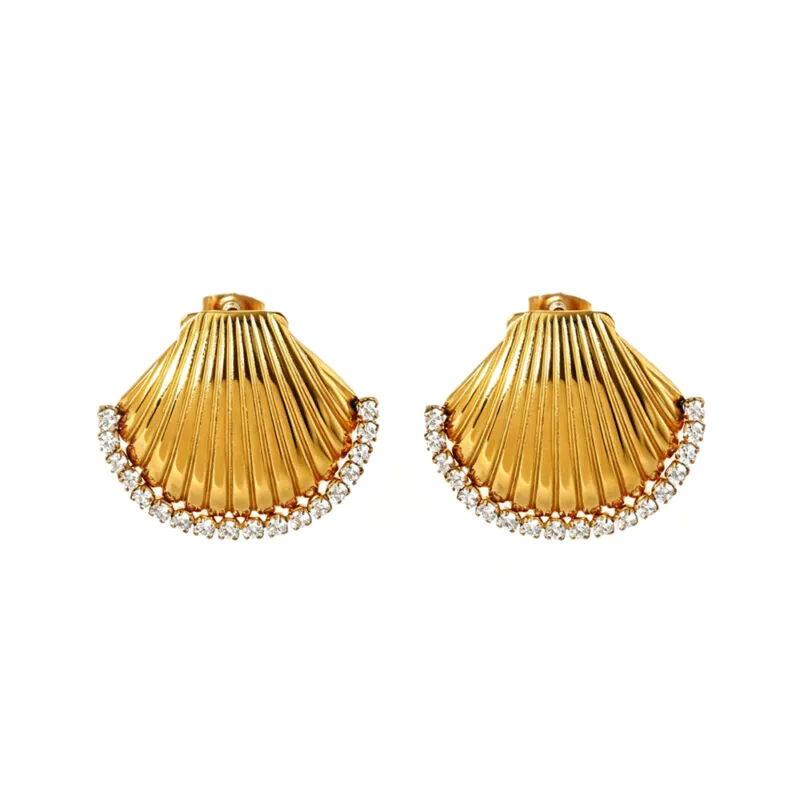 18K Gold Plated Waterproof Stainless Steel Stud Earrings INS Style Inlaid Cubic Zirconia Shell Ear Jewelry Ocean Element Versatile Earrings For Women Daily Wear