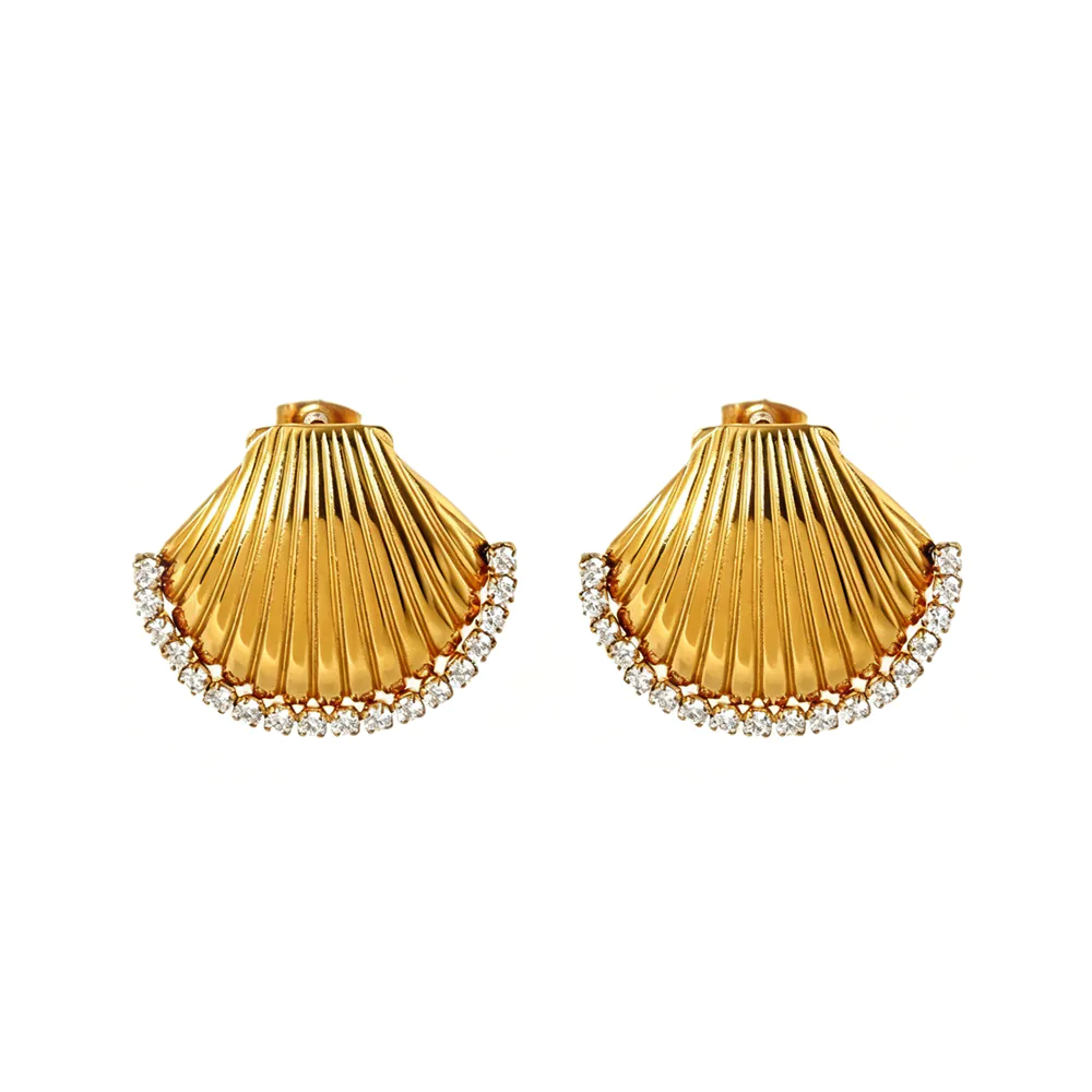18K Gold Plated Waterproof Stainless Steel Stud Earrings INS Style Inlaid Cubic Zirconia Shell Ear Jewelry Ocean Element Versatile Earrings For Women Daily Wear