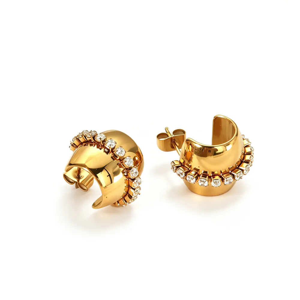 18K Gold Plated Waterproof Stainless Steel C-Shaped Stud Earrings Paved Cubic Zirconia Luxury Elegant Women Fashion Ear Jewelry