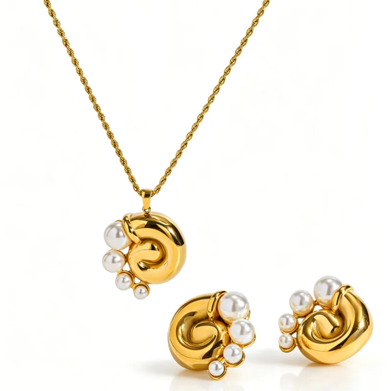 Ins Ocean Style 18K Gold Plated Waterproof Stainless Steel Jewelry Faux Pearl Conch Stud Earrings Pendant Necklace
