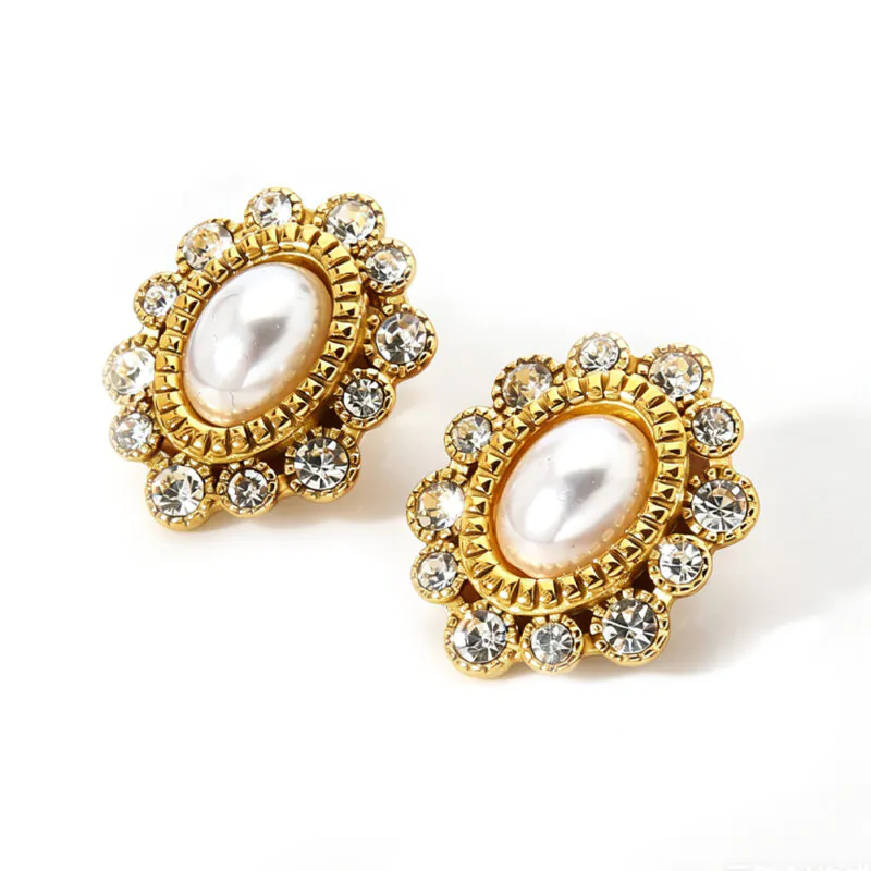 18k gold‑plated stainless steel rhinestone imitation pearl flower stud earrings, vintage luxury elegant earrings for women