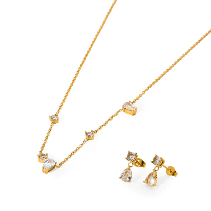 18K Gold‑Plated Waterproof Stainless Steel Geometric Teardrop Round Zircon Jewelry Dainty Pendant Necklace Drop Stud Earrings Minimal Luxury Women Ornaments
