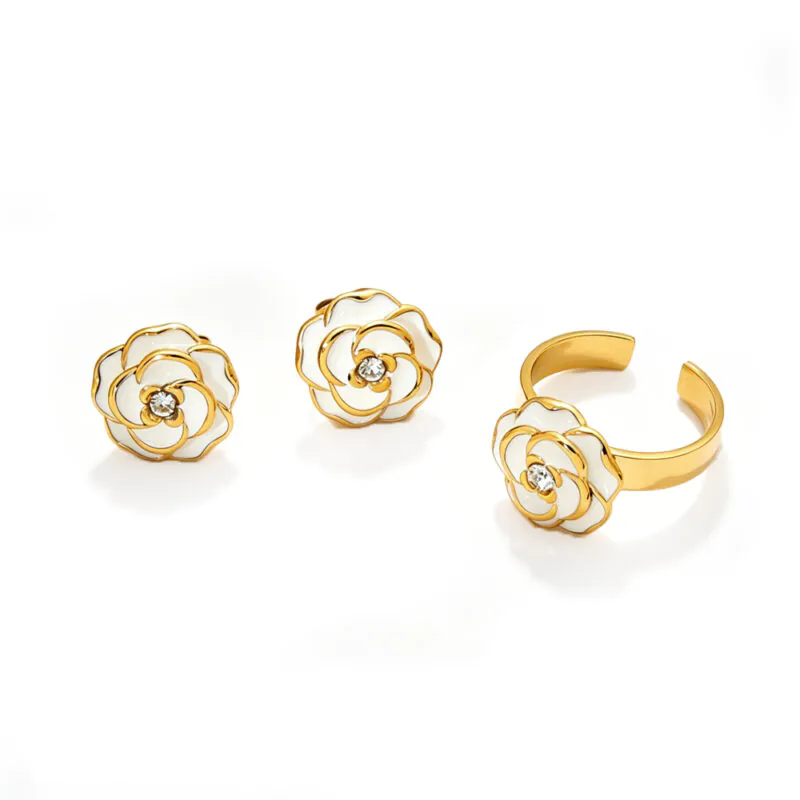 18K Gold Plated Durable Waterproof Stainless Steel Camellia Stud Earrings Open Rings for Women, Ins Style Enamel Inlaid Cubic Zirconia Elegant Jewelry Sold Separately