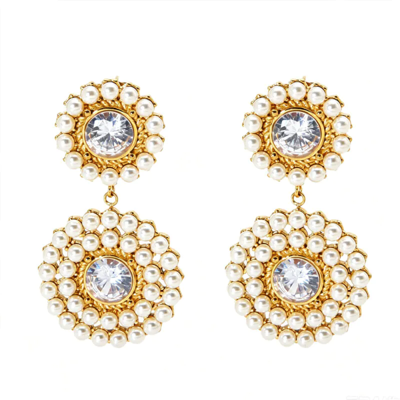 18k gold‑plated waterproof stainless steel round cubic zirconia imitation pearl circle dangle earrings, niche luxury jewelry for women