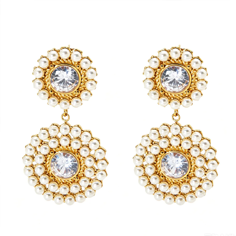 18k gold‑plated waterproof stainless steel round cubic zirconia imitation pearl circle dangle earrings, niche luxury jewelry for women