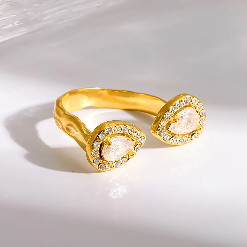 18K Gold‑Plated Stainless Steel Fixed Open Ring, Double Teardrop CZ Waterproof Niche Luxury Finger Ring For Women - Image 2